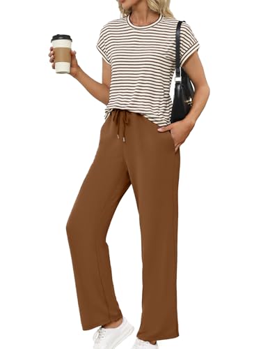 Glamaker 2 Piece Sets for Women Summer Travel Outfits Crewneck Casual Tops Wide Leg Pants Matching Sets Sweatsuit Tracksuits Coffee L