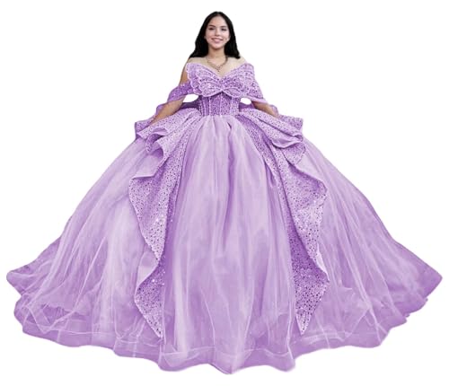 KPYURC Purple Butterfly Tulle Quinceanera Dresses with Train Puffy Beaded Squin Sweet 16 Dresses Off Shoulder Ruffled Ball Gown with Bow Long Ruffled Quince Dress Size 16 Plus