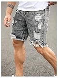 Verdusa Men's Ripped Distressed Raw Hem Straight Leg Denim Shorts Grey Medium