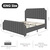 GarveeHome King Size Platform Bed Frame with 50.2" Headboard, Velvet Upholstered Bed Frame King with Vertical Channel Tufted Headboard & Footboard, Nailhead Trim, No Box Spring Needed, Grey