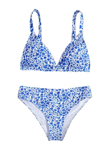 SOLY HUX Girl's Floral Print Bikini Set V Neck Spaghetti Strap Bathing Suit Two Piece Swimsuit Blue Floral 12Y