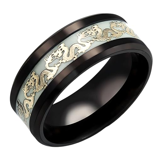 Glow In The Dark Black Dragon Wedding Band for Men by Ginger Lyne | Stainless Steel Wedding Ring for Women All Occasion Comfort Fit Bands For Couples |Gifts for Him or Her
