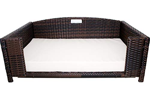 Iconic Pet Rectangular Rattan/Wicker Pet Bed, Metal Frame Indoor/Outdoor Furniture Pet Sofa/Couch for Dogs & Cats, Woven Rattan Dog Bed Water Resistant, Machine Washable Cushion Cover -Small