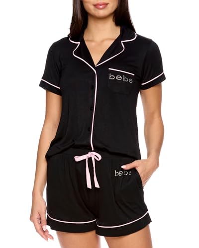bebe Black Pajama Set for Women, Stretch Rayon Knit Short Sleeve PJs for Women Set, Ladies Pajamas Sets (Black, X-Large)