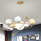 Nordic Schoolhouse Creative Planet Chandelier for Kids Bedroom Modern Gold Glass Ball Pendant Light Large Round Ring Hanging Ceiling Lamp Astronaut for Bedroom Children Kindergarten Toy Room(7 lights)