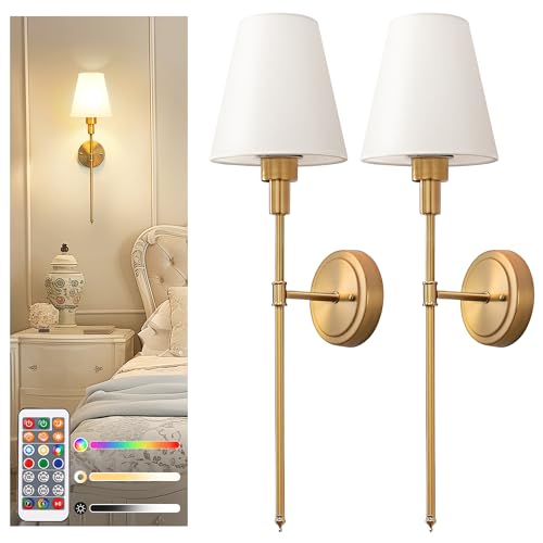 DORESshop Battery Operated Wall Sconce Set of 2, Wall Light Wireless Easy to Install Remote Control, Dimmable and Adjustable Sconces Wall Decor, Rechargeable Wall Lamp for Bedroom, Living Room, Gold