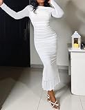 Atizon Elegant Ruched Bodycon Evening Dresses for Women Cocktail Party Formal Maxi Mermaid Dress White