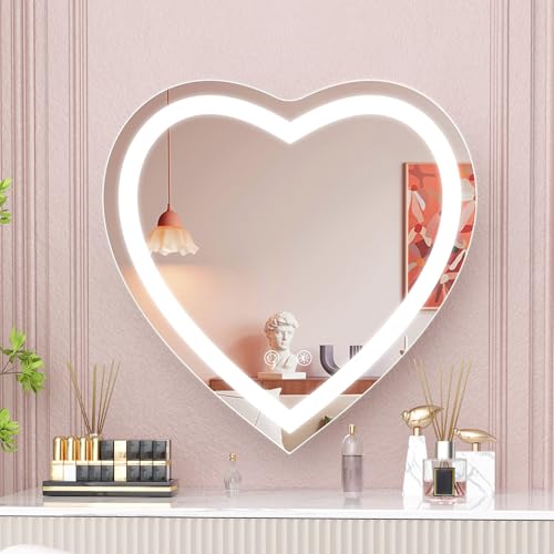 BesMirror Heart Shaped Vanity Mirror with Lights 24"x24", Front Lit Wall Mounted LED Bathroom Mirror with 3 Color, Stepless Dimmable, Memory, Smart Touch, Shatter-Proof and Frameless