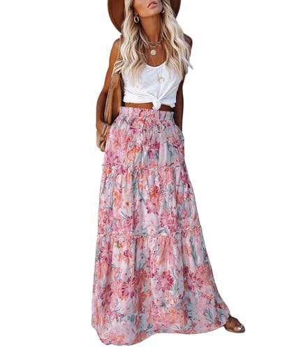 EARKOHA Womens Casual High Waist Tie Paisley Print Long Maxi Skirt with Pockets Peony Colored M