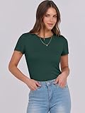 ANRABESS Women Short Sleeve Crewneck Rib Knit Slim Fitted Shirts Summer 2025 Basic Tee Tshirt Tops Underwear Outfits Clothes Forest Green Medium