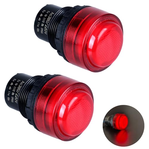 DMWD 2Pcs 30mm Anti-Vandal and Anti-Corrosion Power Signal Indicator Light 110V 220V 380V AC 1.18" mounting Hole Size (Red)