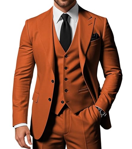 SPTALLFITJSV Men's 3 Piece Slim Fit Suit Set Two Button Blazer Jacket Vest Pants Tuxedo Set for Party Wedding Business Burnt Orange Suits X-Large
