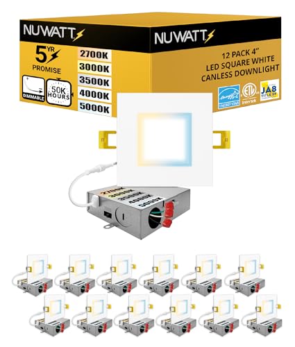 NUWATT 12 Pack 4 Inch LED Square Recessed Lighting, 5CCT Selectable 2700K/3000K/3500K/4000K/5000K, 630 Lumens Dimmable, IC Rated, 4in Square Wafer Lights, Canless LED Downlight, Diecast Aluminum J-Box