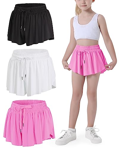 JOCMIC Girls Flowy Shorts, 2 in 1 Preppy Butterfly Shorts with Spandex Liner for Cheer Athletic Gym Teens Casual Clothes Black+White+Rose Red 12 Years