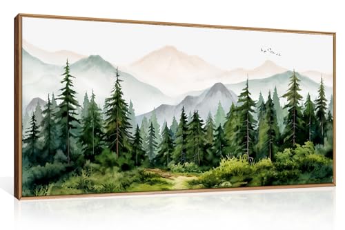 Ausril Green Forest Tree Mountain Range Framed Canvas Wall Art, Watercolor Nature Wall Decor, Woodland Nursery Wall Painting, Modern Wilderness Art Print for Living Room, Bedroom, Office 40"x20"