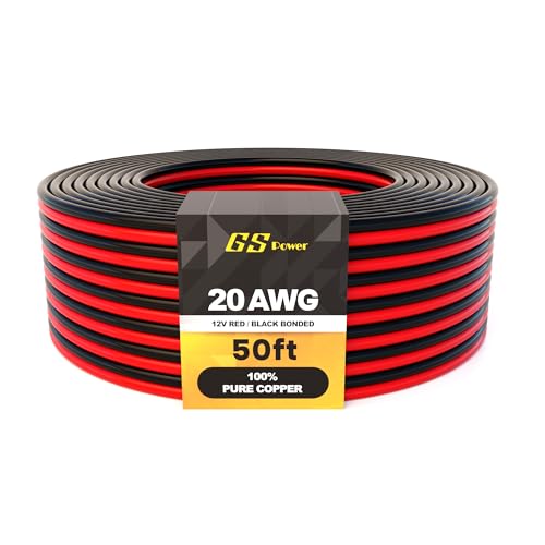 GS Power 100% Copper 20 AWG (American Wire Gauge) Stranded Red/Black 2 Conductor Bonded Zip Cord Cable for Low Voltage Car Electronic Audio LED Light - 50 ft (Also in 100 & 200 ft)
