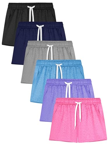 Poroka 6 Pack Girls Dry-fit Running Shorts Active Performance Short Summer Sports Shorts with Drawstring Pocket for Kids