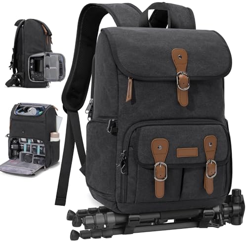 RAINSMORE Camera Bag Backpack for DSLR/SLR Mirrorless 15.6 Inch Laptop Camera Back Pack for Photographers Anti-Theft Photography Bags Case with Tripod Holder & Rain Cover, Black