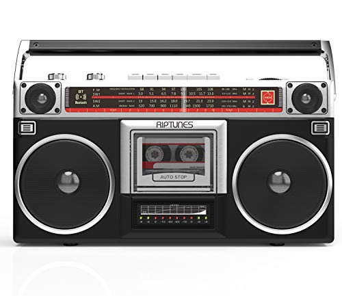 Riptunes Boombox Radio Cassette Player Recorder, AM/FM -SW1/SW2 Radio, Wireless Streaming, USB/Micro SD Slots, Aux in, Headphone Jack, Classic 80s Style Retro, Black