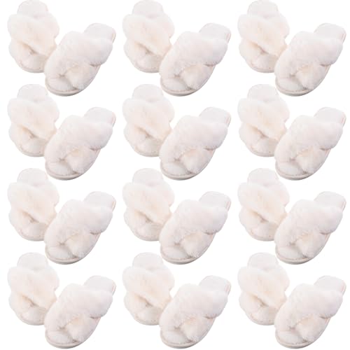 Silicherry 12 Pairs Women's Fuzzy Slippers Cross Band Open Toe Bridesmaid House Slippers Bulk for Indoor Outdoor Wedding(Size 7-8,White)