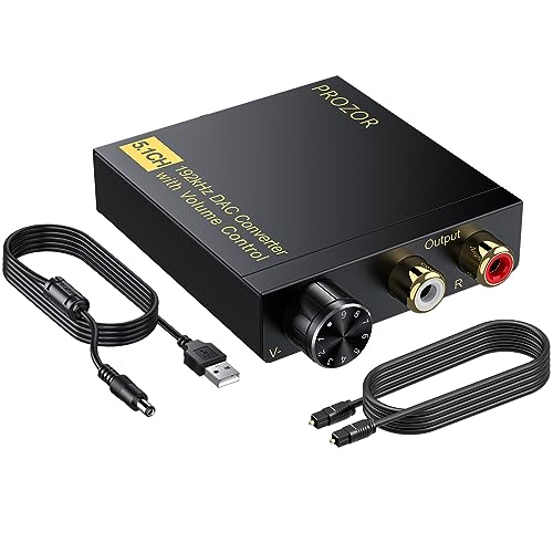 PROZOR DAC Converter 192Khz Digital to Analog Audio Decoder with Volume Control Support 5.1CH DTS Dolly-AC3 Coaxial SPDIF Toslink Optical to RCA Adapter for HDTV Blu-ray DVD PS3 Home Cinema System