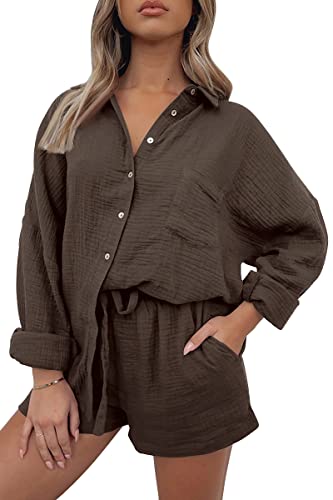 AUTOMET 2 Piece Sets For Women Lounge Wear Matching Two Piece Pajama Fashion Oversized Shirts And Shorts Spring Outfit 2025 01Brown M