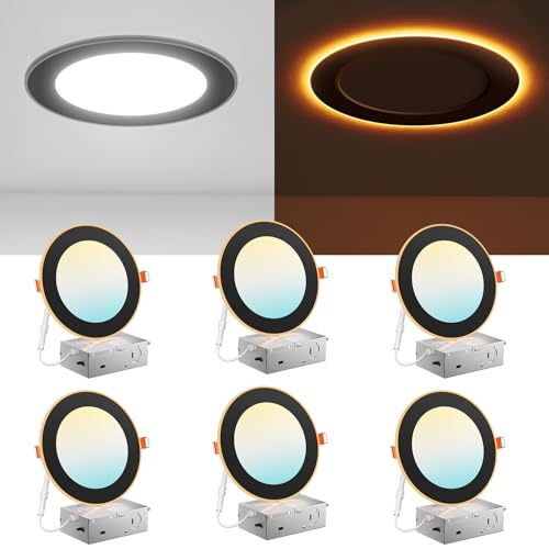 Amico 6 Pack Black 6 Inch 5CCT LED Recessed Ceiling Light with Night Light, 2700K/3000K/3500K/4000K/5000K Selectable Ultra-Thin Lighting, 12W=110W, 1100LM, Dimmable Canless Wafer Downlight - ETL&FCC