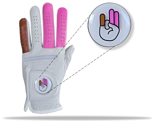 Mens Funny Shocker Golf Glove - Magnetic Ball Marker on Each Golf Glove Premium 100% Cabretta Leather Durable Grip Adult White Pink Brown Finger (Large, Worn on Your Left Hand)