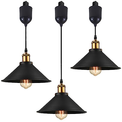 SKIVTGLAMP Adjustable Height H Type Track Lighting Pendants 4 Ft Industrial Style Black Metal Instant on Auto Retractable Track Mount Pendant Light Decorate for Kitchen Island Customizable
