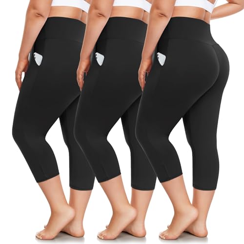 3 Pack Plus Size Capri Leggings with Pockets for Women -High Waist Stretchy 1X-4X Workout Yoga Pants(2XL,BLK)