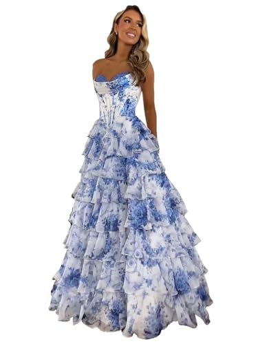 TORYEMY Long Prom Dresses Tiered Chiffon Ruffle Satin White Blue Cocktail Dresses Strapless Homecoming Dresses with Slit for Women Size 8