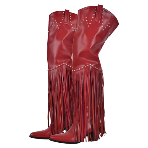 richealnini Women's Thigh High Boots with Tassels Western Cowboy Boots Zip Up Wide Calf Sock Booties Long Shaft Almond Toe Block Heels Rivets Punk Riding Combat Motocycle Cowgirl Boots Red Size 11