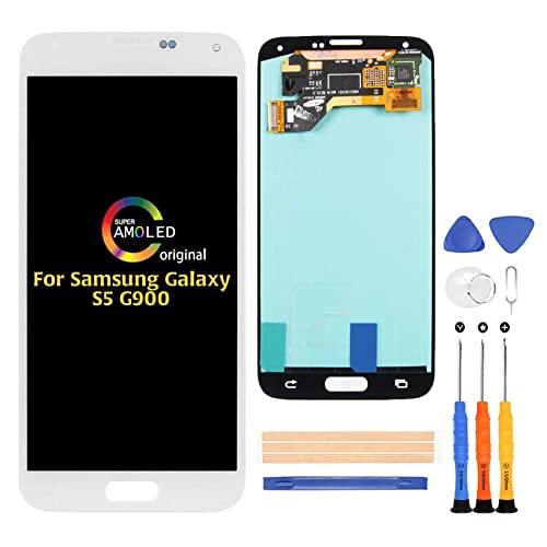 A-MIND for Samsung Galaxy S5 G900 LCD Screen Replacement (Original),for S5 G900M G900A G900T G900FD Display LCD Panel Repair Parts Kit,with Tempered Glass+Tools + White
