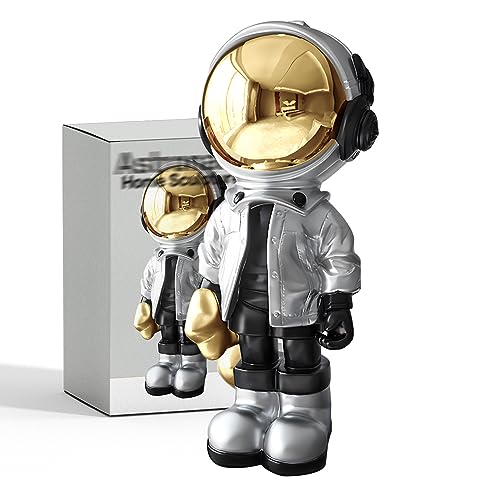 EZ4ENCE Figurine Statue Astronaut Sculpture Spaceman Decor,Sculptures Home Decor,Arts Silver Shelf Decoration,Cool Metal Mask Table Decor,Large Spaceman Figure Ornament