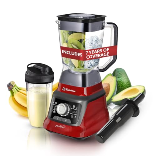 Koblenz Bob Blender, Countertop with Reversible motor, Speed Knob and 6 Functions, 1400-watt Motor, 68 oz. Capacity, Super Silent Operation, Includes 1 To-Go Cup and Tamper, Black/Red, LKM-9608