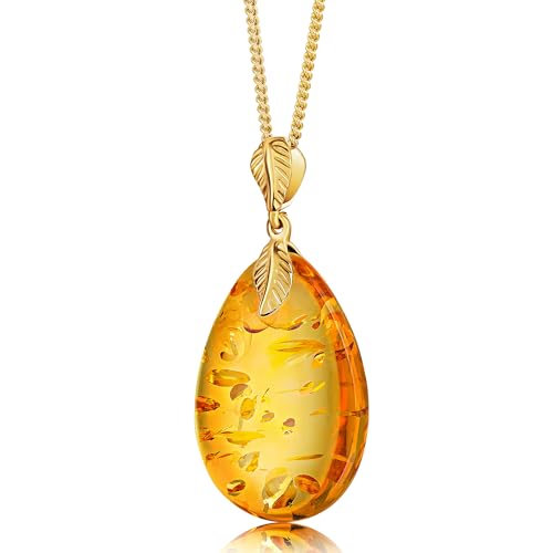 Baltic Amber Pendant for Women, Sparkling Amber Drop, Gold Plated Sterling Silver Necklace, Cognac Color Jewelry for Ladies, 18 inch gold plated chain
