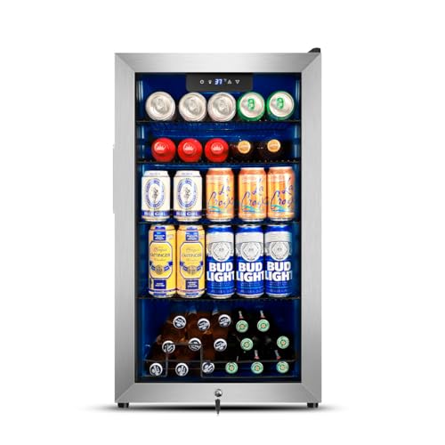 Tylza 130 Can Beverage Refrigerator Cooler, 3.22 Cu.Ft Beverage Cooler with Low-E Glass Door, Safety Lock, Beverage Fridge for Soda, Beer, Wine, Mini Fridge for Home, Office, Bar, Bedroom, Silver