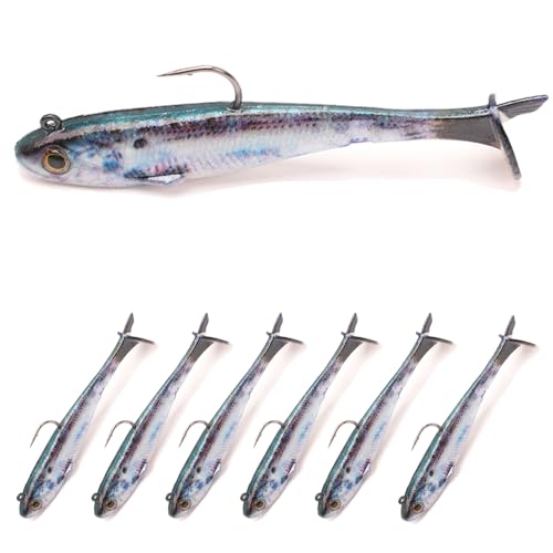 6-Piece Pre-Rigged Jig Head Soft Plastic Fishing Lures - Paddle Tail Swimbaits for Bass Fishing, Shad or Tadpole Lure with Spinner, Premium Fishing Bait for Freshwater Saltwater, Trout Crappie