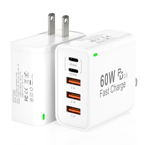 2Pack USB C Fast Charger Block, 60W 5-Port USB C Wall Charger 30W Type C Charging Block, 2USB C+3USB A PPS/PD 3.0 Multiport Charging Cube for iPhone 16 15 14 13 Pro Max,for Galaxy S25 S24 Ultra, i Pad