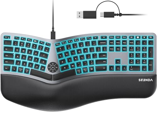 seenda 7-Color Backlit Wired Ergonomic Keyboard, KUW01 USB & Type-C Wired Split Keyboard, Cushioned Wrist Rest, Full Size with NumPad, Compatible for Windows, macOS, PC, Laptop, MacBook - Black Gray