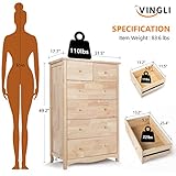 VINGLI Unfinished 6 Drawer Dresser, Natural Solid Wood Dresser Color DIY, Upgraged Rustic Farmhouse Tall Dresser with Spacious Storage Chests of Drawers with Full Extension Drawer Slides