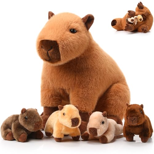 Hollowfly 5 Pcs Capybara Stuffed Animals Capybara Plush Set Gift for Kids Mommy with 4 Cute Babies Inside Soft Stuffed Plushies for Boys Girls Birthday Party Favors(Dark Color)