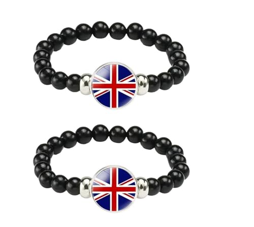 ZENRUIMING 2 Pcs UK Flag Bracelet, Handmade Black Beaded Stretch Rope Bracelet, UK Tourism Souvenir, Outdoor Leisure Accessory