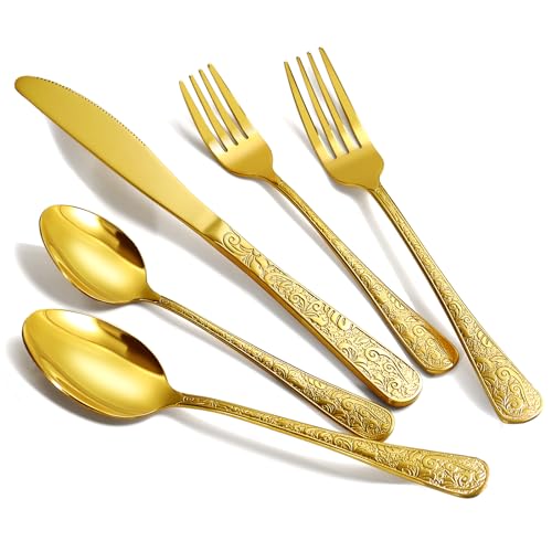 Dandat 60 Pcs Vintage Carved Gold Silverware Set for 12 Stainless Steel Retro Royal Flatware Tableware Cutlery Utensils Set Including Fork Spoon and Knife for Kitchen Restaurant Wedding Home