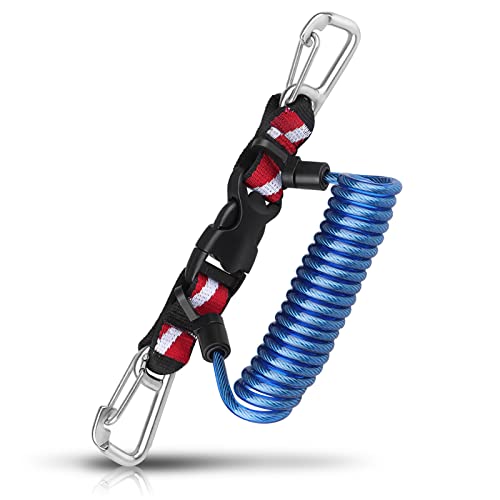 Scuba Retractable Lanyard, 316 Stainless Steel Double-Clips and Spiral Core Anti-Lost Lanyard with Quick-Release Buckle & Dive Down Flag Webbing Band for Underwater Camera/Torch/Rod Safety (Deep Blue)
