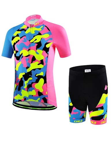 Kids Cycling Jersey Set (Short Sleeve Jersey + Padded Shorts) (Pink Camouflage, 6-7 Years)