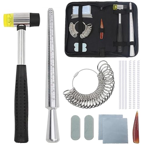 PHYHOO Ring Sizer Mandrel Set Metal Stick Measuring Tool Kit Finger Sizing Gauge US Size including Jewelry Rubber Hammer