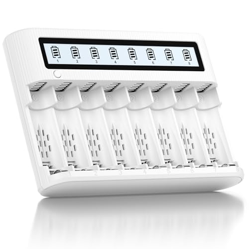 EBL AA AAA Battery Charger, Independent 8 Slots with Advanced Discharge Function, LCD Screen for 1.2V NiMH NiCD Rechargeable Batteries, Micro USB and Type C Input