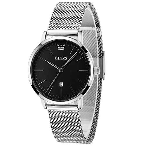 OLEVS Womens Silver Watch Black Face Thin Dress Watches for Women with Calendar Casual Simple Women's Watch for Small Wrists Mesh Bracelet Stainless Steel Ladies Watches Waterproof Reloj para Mujer
