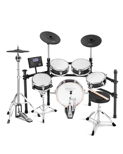 Fesley Electric Drum Set with Independent Kick Snare Drum HiHat Cymbal: Real Sample Sound Source, Bluetooth Electronic Drum Set with Dual Zone Mesh Drum Pad, Dual Zone Cymbal Full Size Adult Drum Set